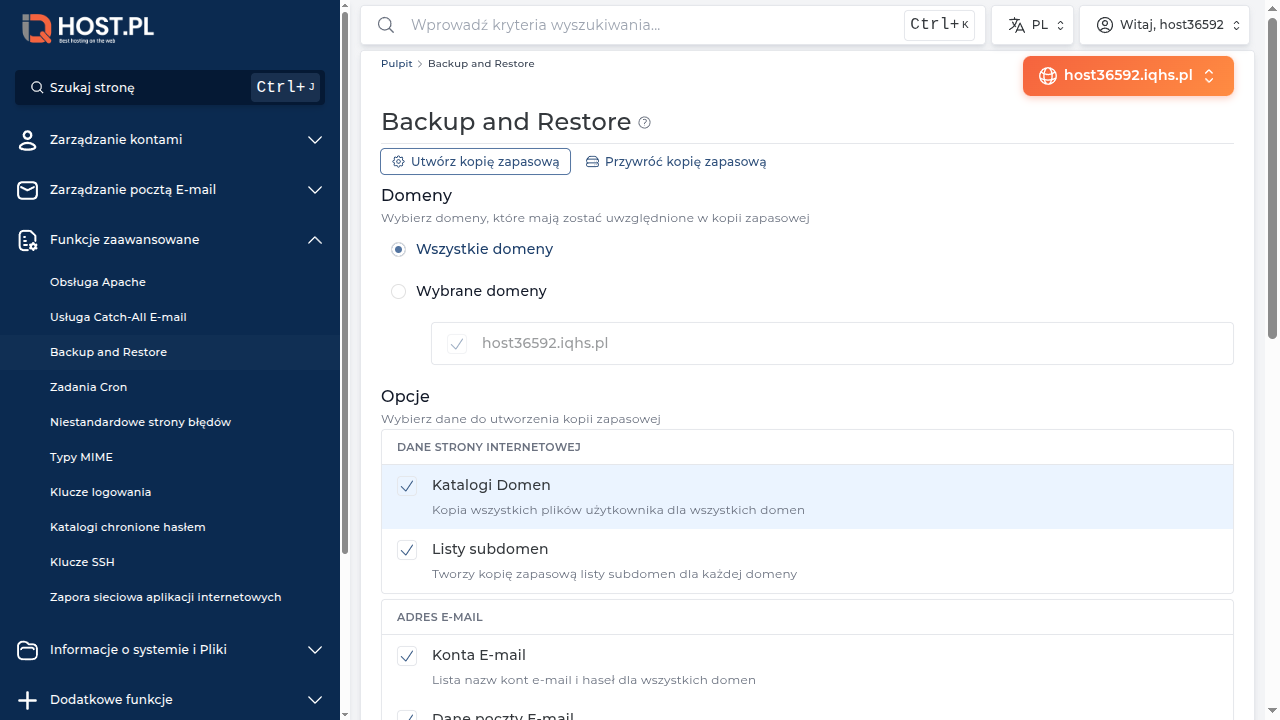 Strona Backup and Restore w DA na koncie host36592