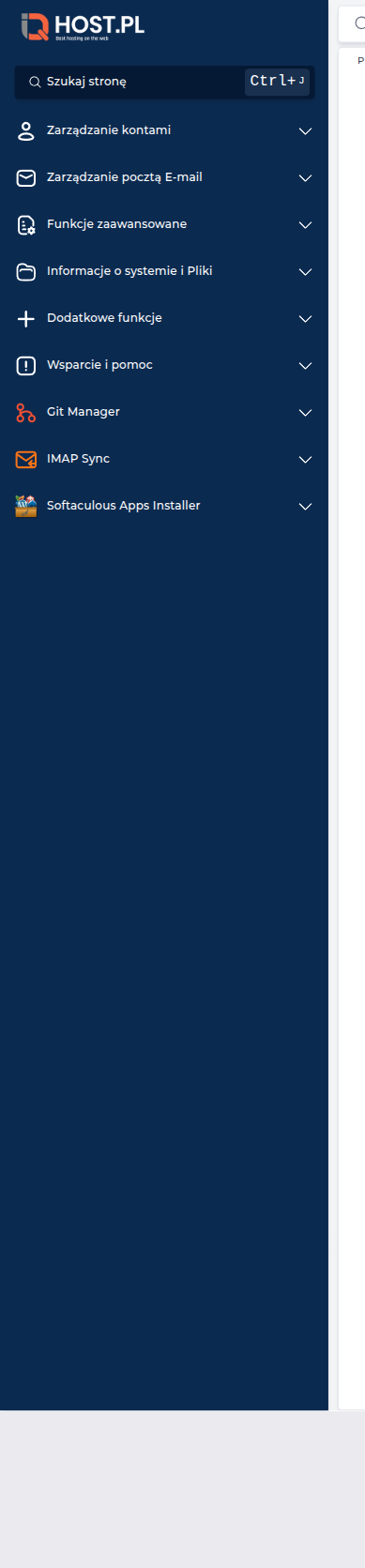 Lewe menu DirectAdmin — pełna lista sekcji