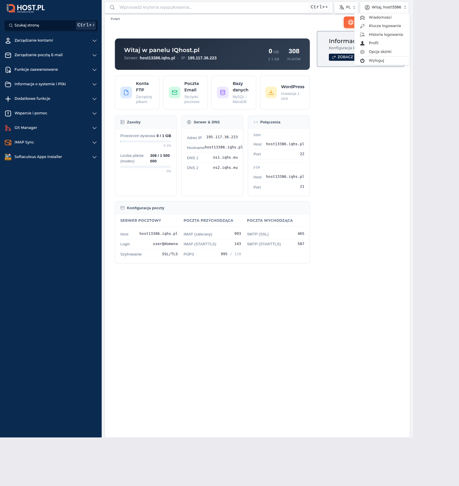 Otwarte menu użytkownika w DirectAdmin