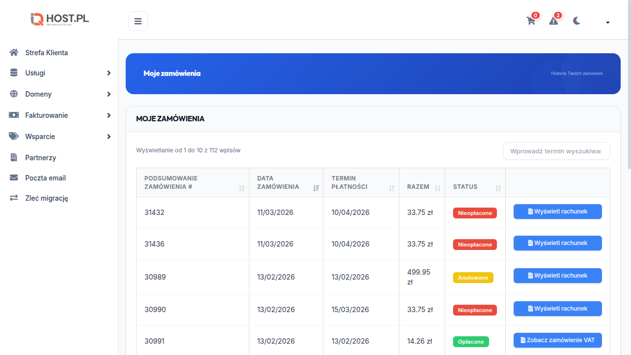 Lista faktur z kolumnami Numer, Data, Termin, Status
