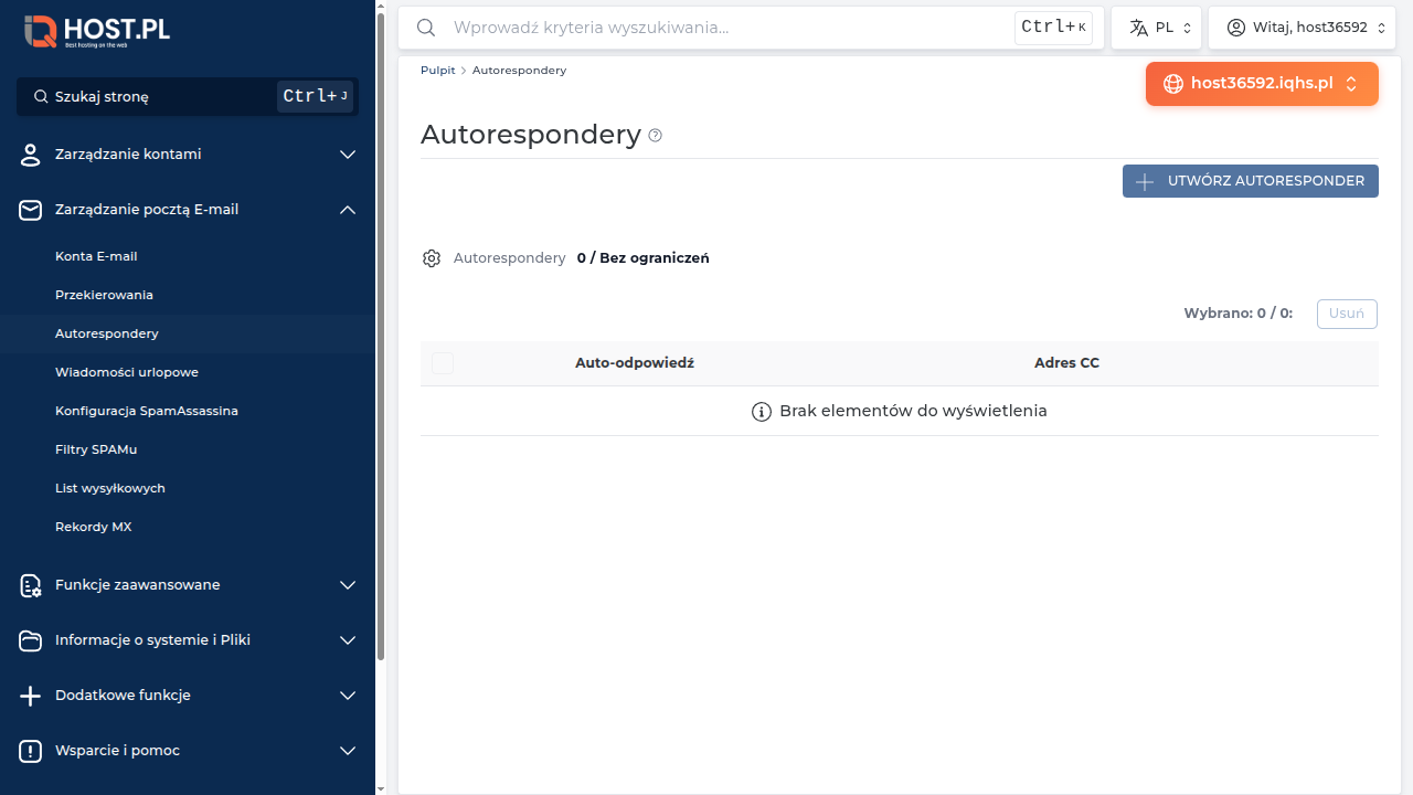 Strona Autorespondery — pusta tabela na host36592 z przyciskiem Utwórz autoresponder