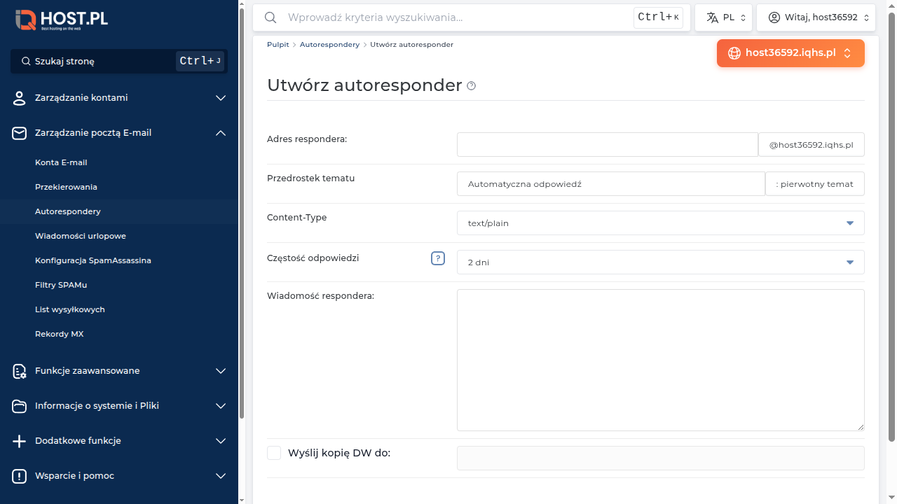Formularz Utwórz autoresponder w DirectAdmin