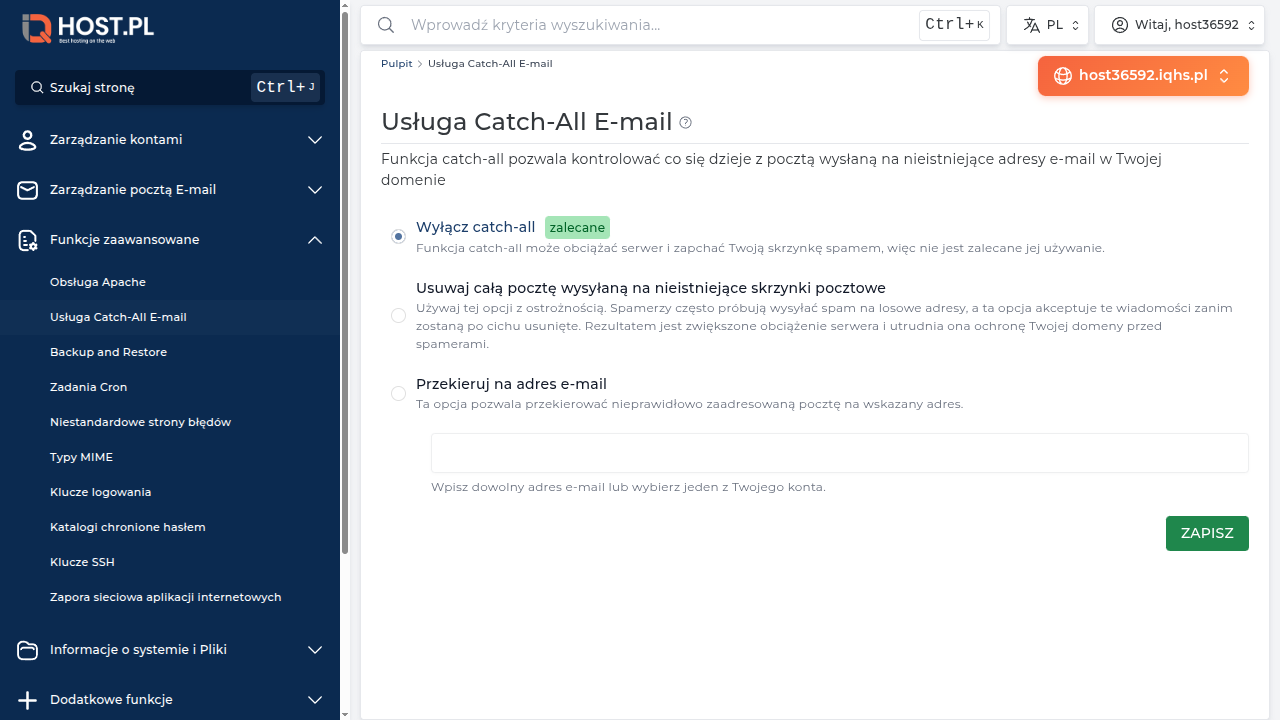 Strona Catch-All E-mail w DirectAdmin — opcje dla domeny host36592.iqhs.pl