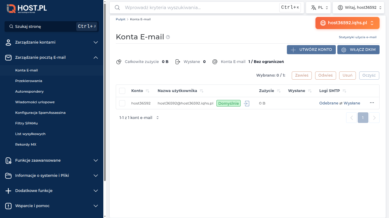 Strona Konta E-mail z domyślnym kontem host36592@host36592.iqhs.pl i nagłówkami: Konto, Nazwa użytkownika, Zużycie, Wysłane, Logi SMTP