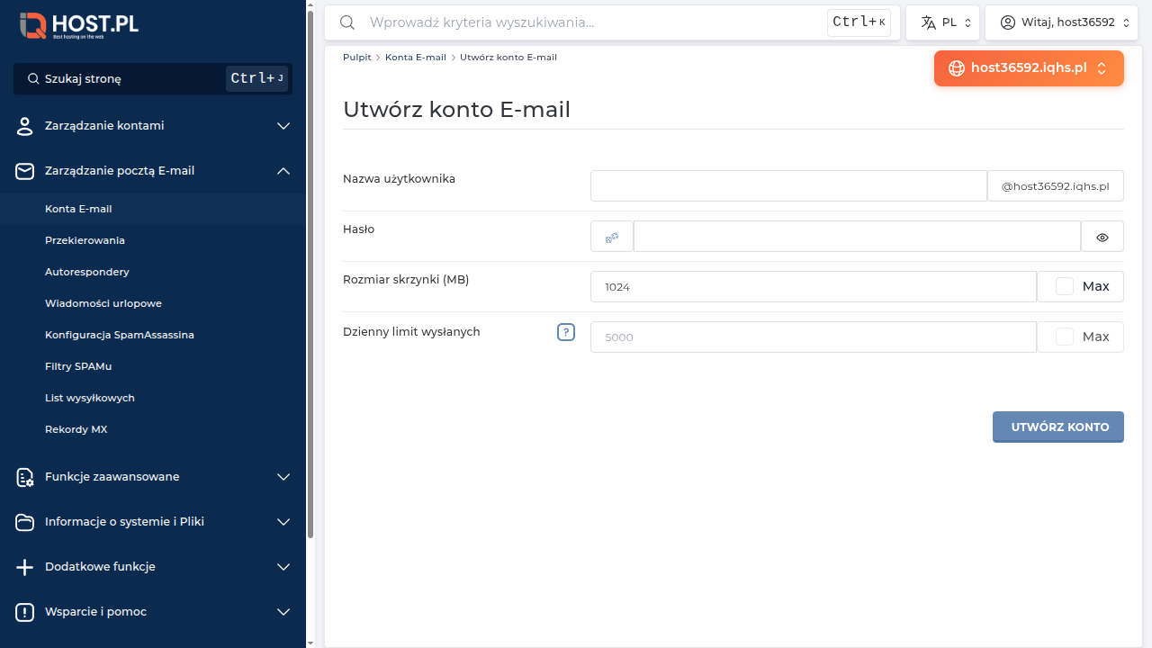 Formularz Utwórz konto E-mail — pola: Nazwa użytkownika (z suffix @host36592.iqhs.pl), Hasło z generatorem, Rozmiar skrzynki w MB (domyślnie 1024) z checkboxem Max, Dzienny limit wysłanych (5000) z Max