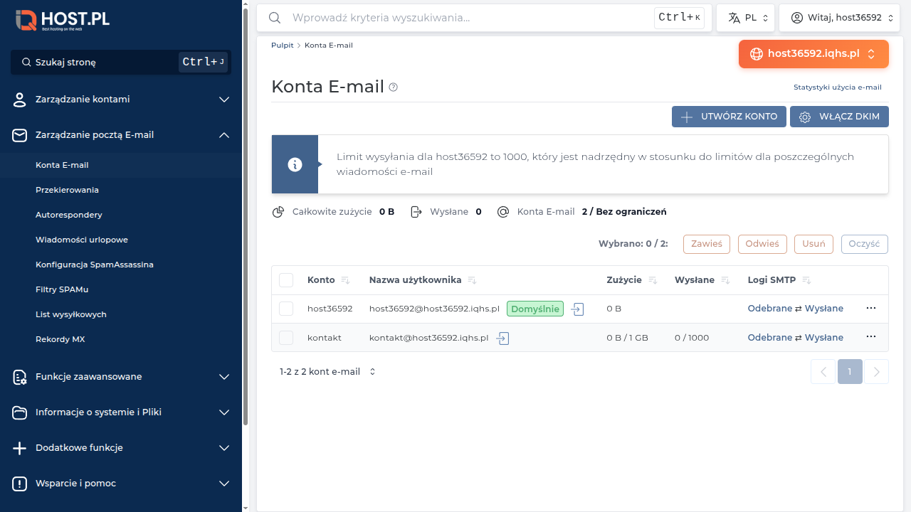 Lista kont po dodaniu — host36592 (Domyślnie) i nowy kontakt z 0 B / 1 GB i 0 / 1000 dziennie