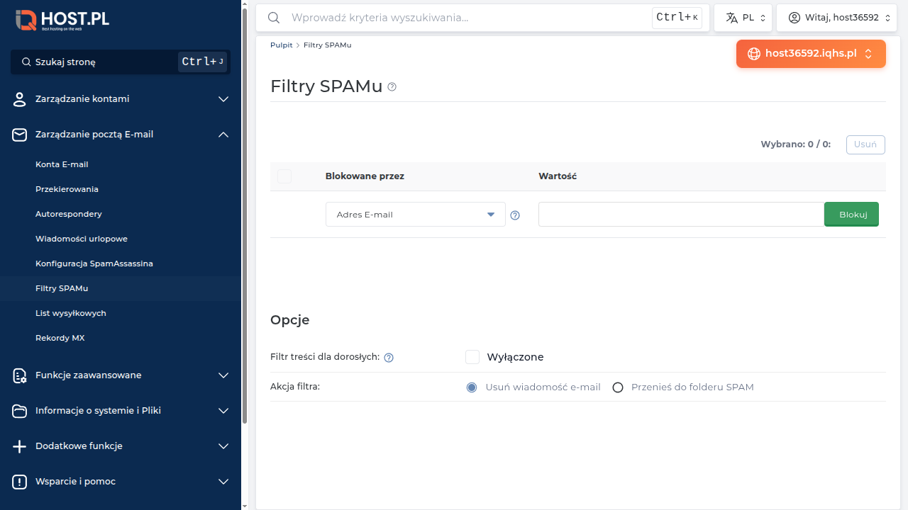 Pełna strona Filtry SPAMu — wszystkie opcje konfiguracji