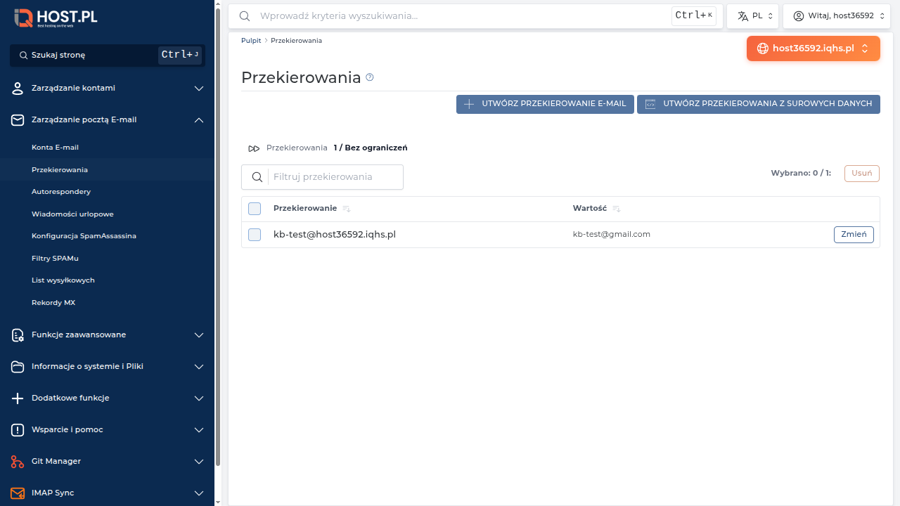 Komunikat o utworzeniu forwardera