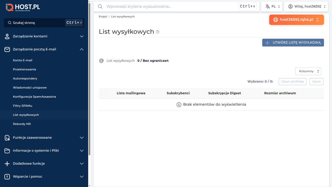 Pełna strona List wysyłkowych w DirectAdmin
