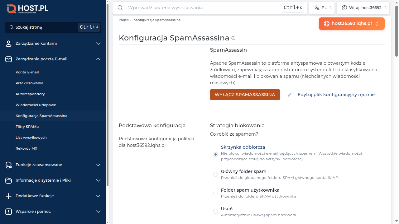 Pełna strona konfiguracji SpamAssassina z wszystkimi opcjami