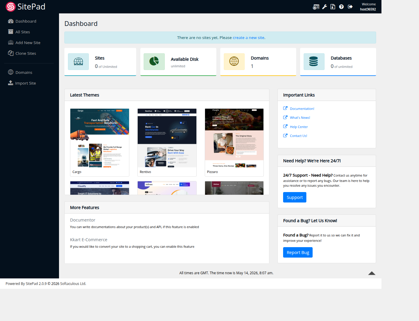 Pełny widok Sitepad Builder — dashboard kreatora stron