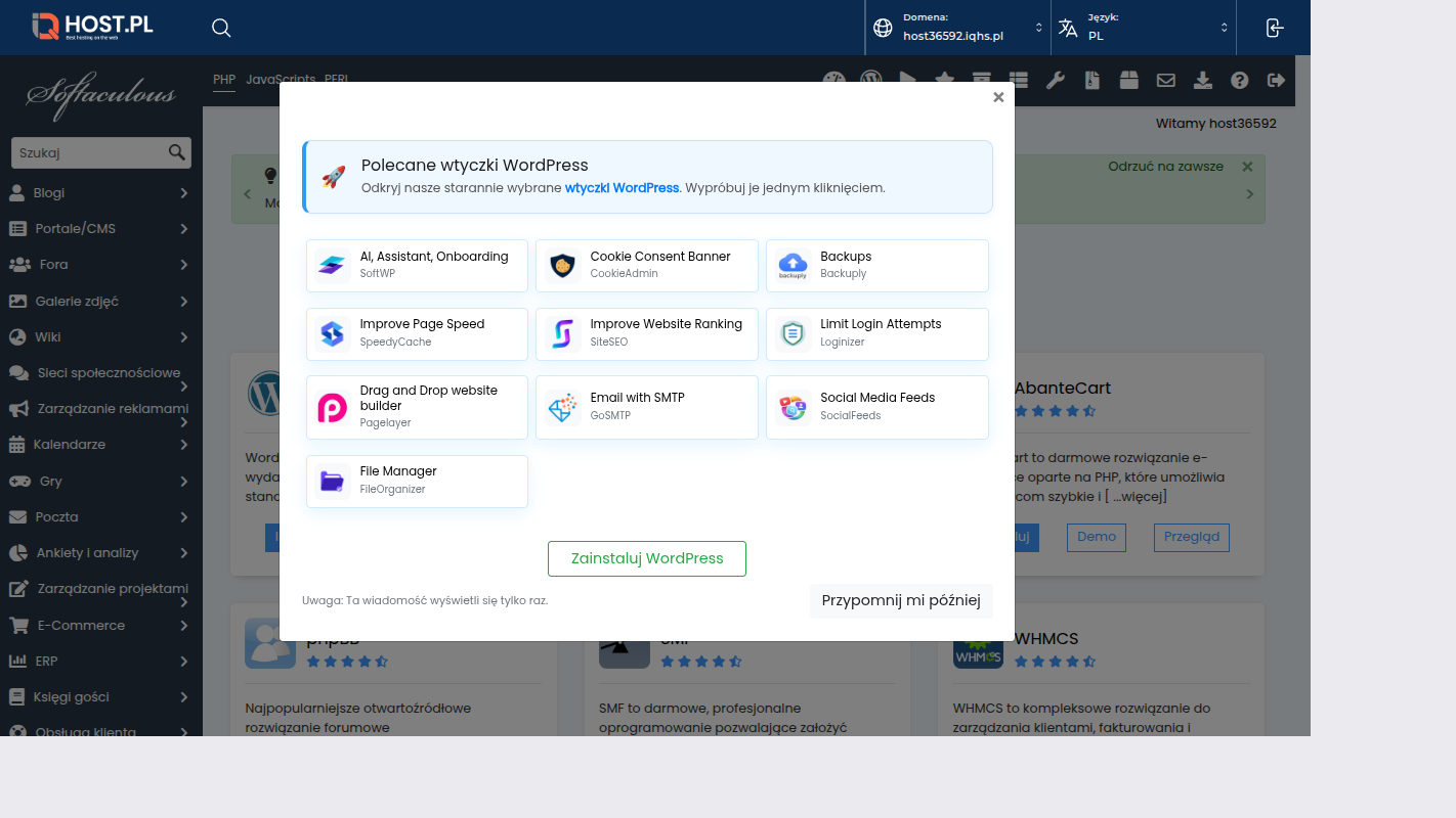 Pełny widok dashboard Softaculous z listami Top Scripts i kategorii