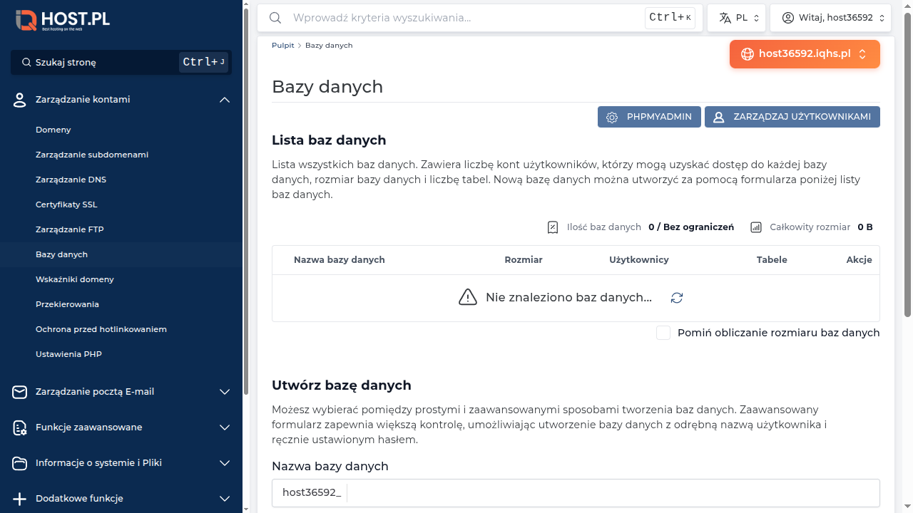 Lista baz w DA z linkami do phpMyAdmin