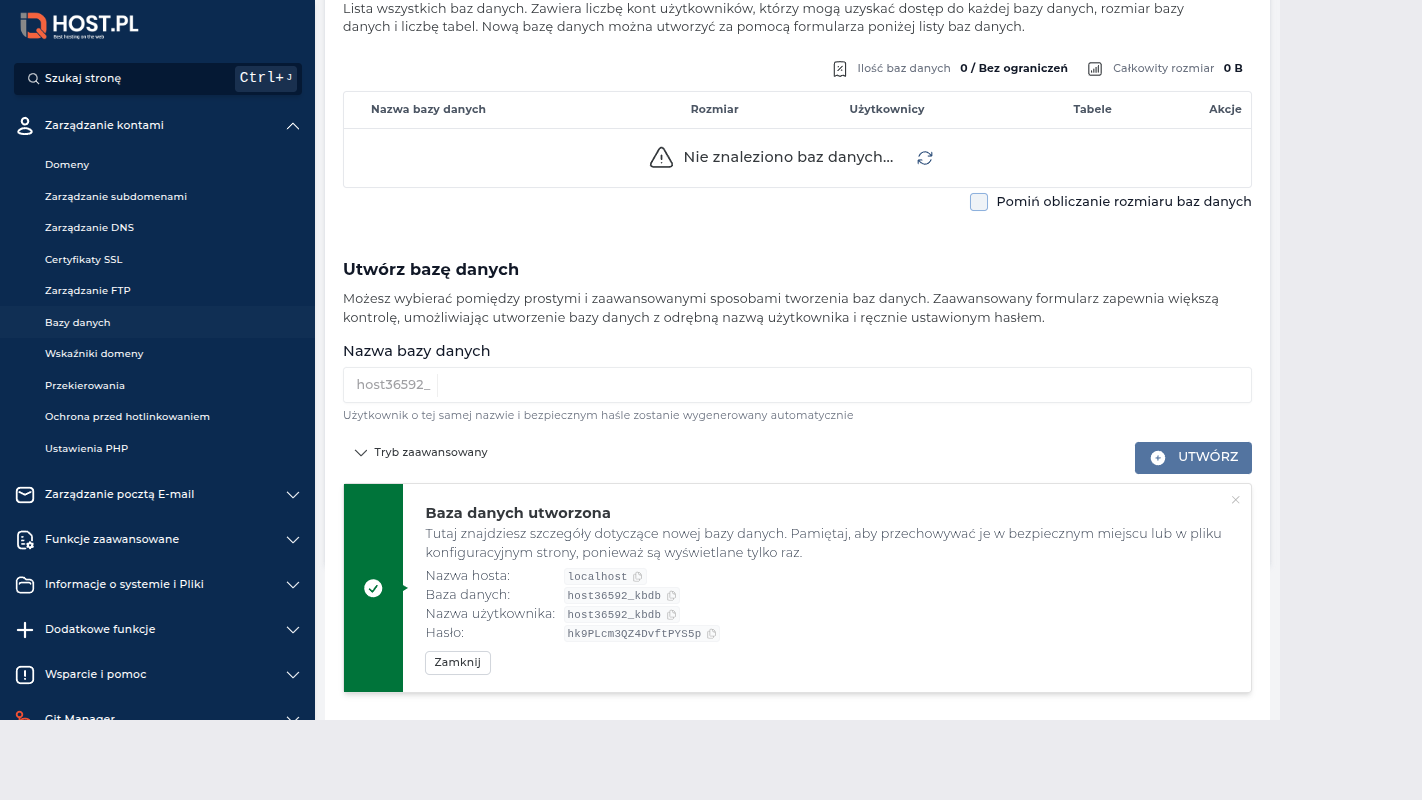 Baza utworzona — komunikat sukcesu i wpis w tabeli