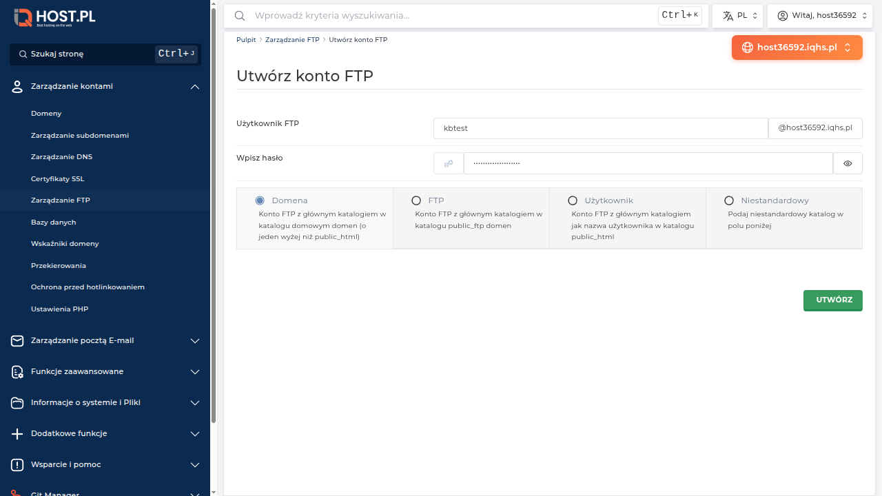 Formularz wypełniony — username, hasło wygenerowane, katalog FTP