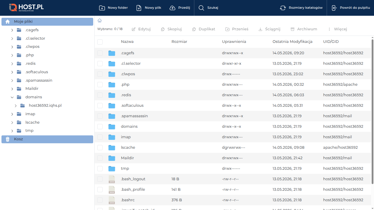 Lista głównych folderów konta — domains, Maildir, imap, lscache, tmp