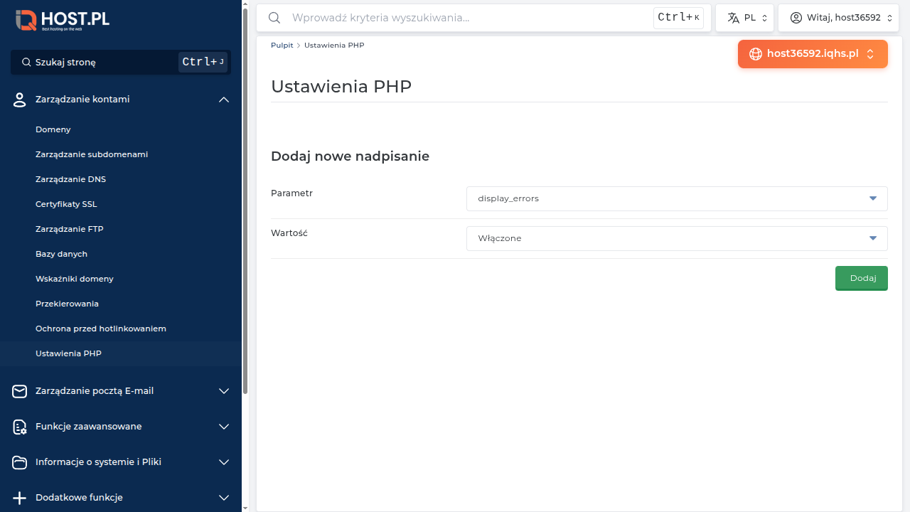 Strona Ustawienia PHP z listą dyrektyw