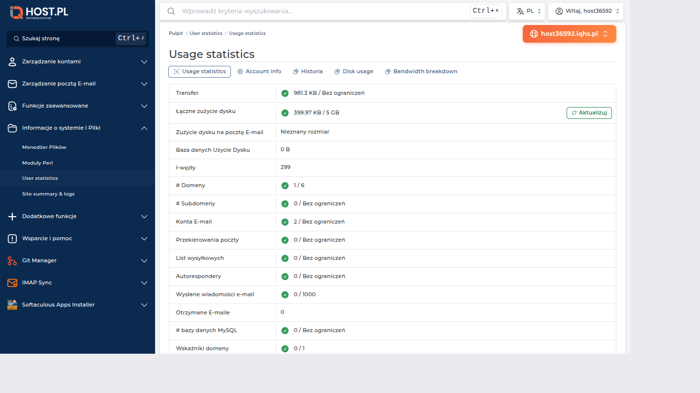 Strona User statistics — pełny breakdown z disk usage, bandwidth, inodes