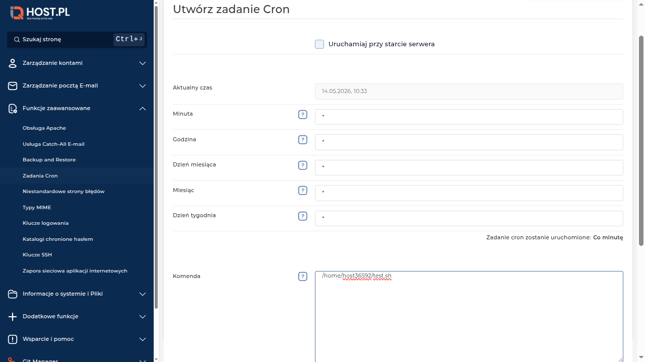 Formularz Cron wypełniony — /home/host36592/test.sh