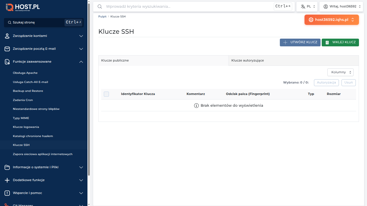 Strona Klucze SSH w DA na koncie host36592